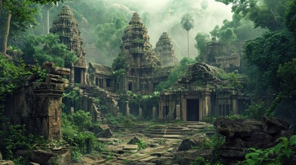 Realm with ancient temple ruins nestled in the heart of a jungle.  - obrazy, fototapety, plakaty