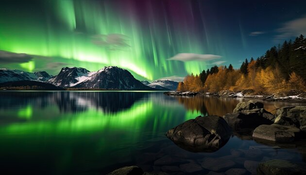View of night sky with multicolored aurora borealis and mountain peak background. Night glows in vibrant aurora reflection on the lake with forest. © Virgo Studio Maple