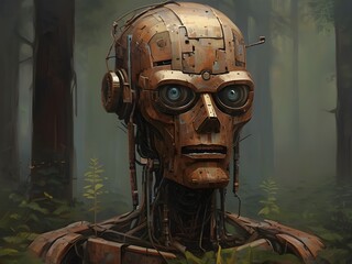 Illustration eines koboldhaften Roboterwesens in einem Zauberwald