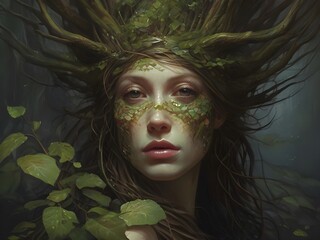 Illustration einer mystischen Elfe in einem Zauberwald - obrazy, fototapety, plakaty