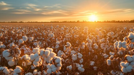 Vast field of cotton. The soft hues of morning light illuminate the landscape.