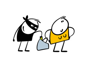 Criminal in the black mask reached into his bag and took out someone else wallet. Vector illustration of thief stealing money from careless woman in store. Isolated cartoon on white background.