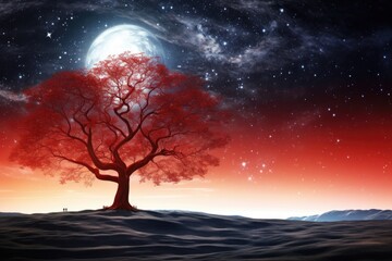 Fototapeta na wymiar Red alien landscape with lone tree and starry night sky NASA image