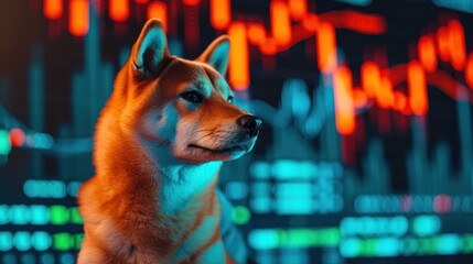Joyful Shiba Inu, the iconic face of Dogecoin, depicted happily amidst crypto charts. Positive and cheerful atmosphere in the cryptocurrency market.