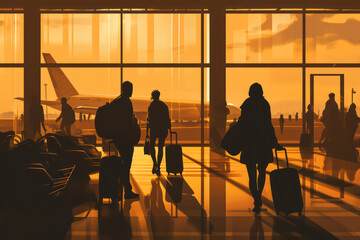 people with suitcases in silhouette for an airport sunset