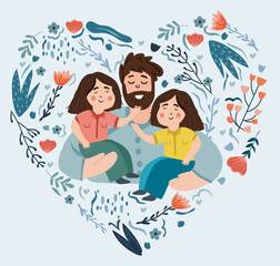 Happy Father's Day picture, a cheerful father hugs and cares for his children. The concept of parental love, care, raising children. Ideal for a postcard, poster. Vector. 