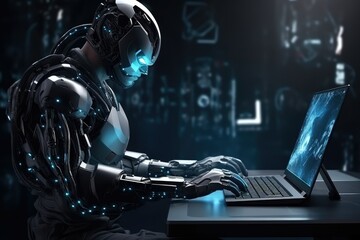 Cyborg man typing on laptop in dark office,  3D rendering, futuristic technology concept, hi tech humanoid robot working on laptop at night.
