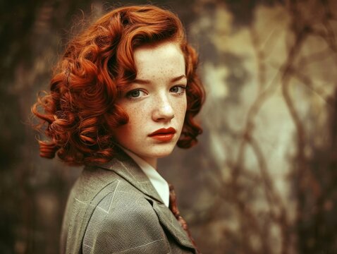 Photorealistic Teen White Woman with Red Curly Hair vintage Illustration. Portrait of a person in 1950s era aesthetics. Conservative style Ai Generated Horizontal Illustration.