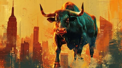 Powerful bull set against a city backdrop, symbolizing a robust and bullish stock market. This imagery conveys strength, growth, and optimism in financial markets. - obrazy, fototapety, plakaty