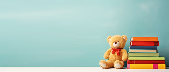 horizontal banner, International Childrens Book Day, a stack of books and a teddy bear on a blue background, a place for text