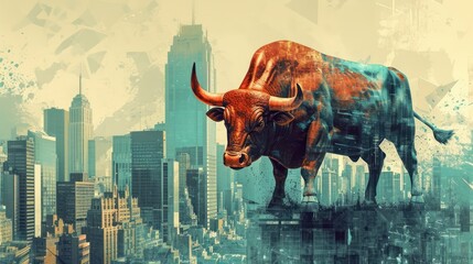 Powerful bull set against a city backdrop, symbolizing a robust and bullish stock market. This imagery conveys strength, growth, and optimism in financial markets.