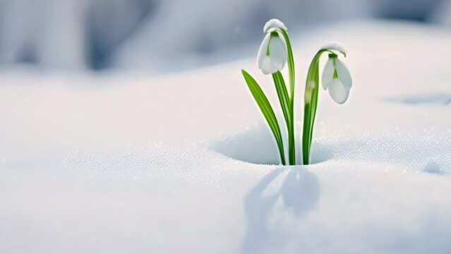 Time lapse of growing galanthus snowdrops in the snow
