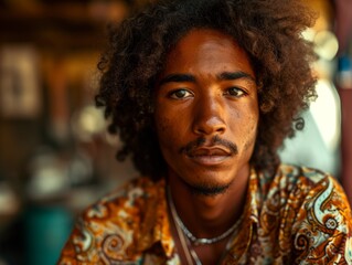 Photorealistic Adult Black Man with Brown Curly Hair vintage Illustration. Portrait of a person in 1960s era aesthetics. Mod fashion. Historic photo Ai Generated Horizontal Illustration.