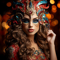 Obraz premium a pretty woman with the carnival mask dressed up, celebrating carnival parties