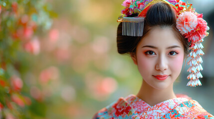 Young Japanese girl in traditional costume and jewelry on a city street