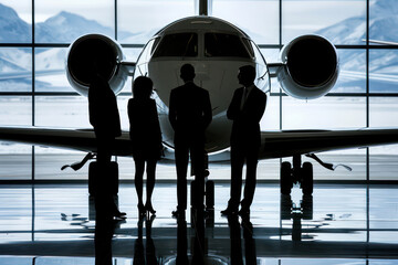 silhouettes of business people in front of an airplane