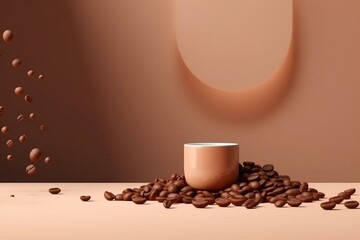 Minimal coffee-themed background with a brown podium and falling roasted coffee beans on a brown backdrop. Mockup templates for cafe posters. 3D rendered illustration. Generative AI