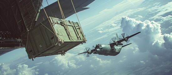 A military crate is being dropped from a military plane during a drill.