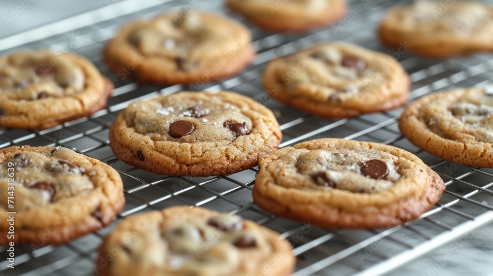 Sticker  a bunch of chocolate chip cookies cooling on a wire rack on a counter top in a bakery or baking area with a cooling rack full of cookies in the foreground.