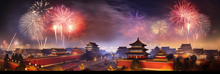 Chinas pyrotechnic set off dazzling - obrazy, fototapety, plakaty
