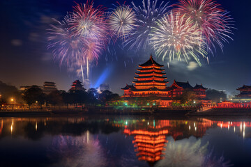 Chinas pyrotechnic set off dazzling - obrazy, fototapety, plakaty