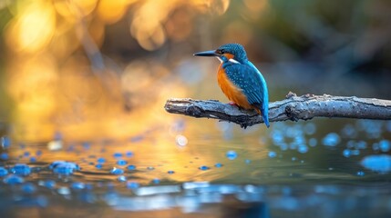  a small blue and orange bird sitting on a branch of a tree next to a body of water with drops of water on the ground and trees in the background.