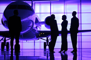 silhouettes of business people in front of an airplane