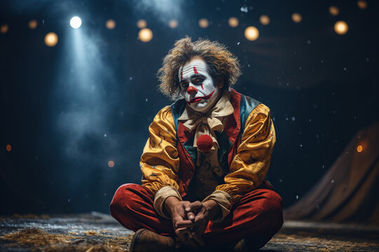 A clown with a sad face on a dark background during a circus performance. Generated by artificial intelligence