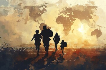lots of refugees running away on the world map background