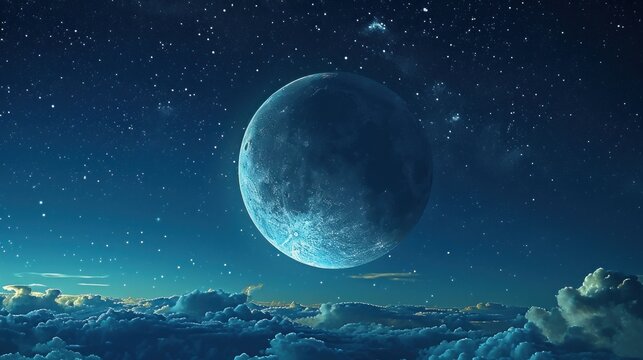  an image of a blue planet in the sky with clouds and stars in the night sky with stars in the sky and in the distance is a bright blue sky with white clouds.
