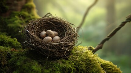 Naklejka na ściany i meble a bird's nest with three eggs on a mossy branch in the middle of a forest with sunlight streaming through the branches and a green mossy background.