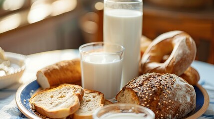  a plate of bread, a glass of milk, and a loaf of bread are on a table with a blue and white checkered cloth on the tablecloth. - obrazy, fototapety, plakaty