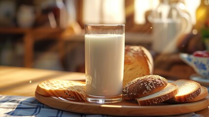 a glass of milk sitting on top of a wooden plate next to a plate of bread and a plate of bagels on a table with a blue and white checkered cloth. - obrazy, fototapety, plakaty