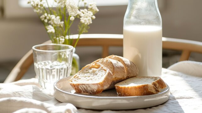 a bottle of milk and a plate of bread on a table with a glass of milk and a vase of flowers on a table cloth with a white table cloth.