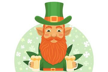 leprechaun with beer, four-leaf clover good luck symbol, funny character