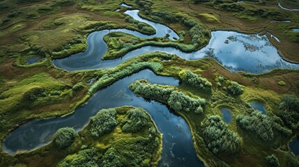  an aerial view of a body of water surrounded by lush green grass and trees in the middle of the picture is an aerial view of a body of water surrounded by land.
