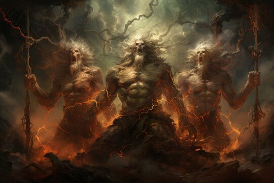 Ferocious thunderstorm giants, summoning lightning and thunder with their mighty presence - Generative AI