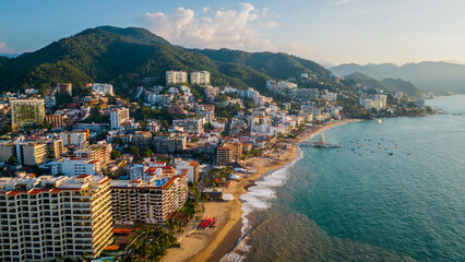 Puerto Vallarta aerial of romantic zone old town Nayarit Mexico drone reveal resort and hotel in....