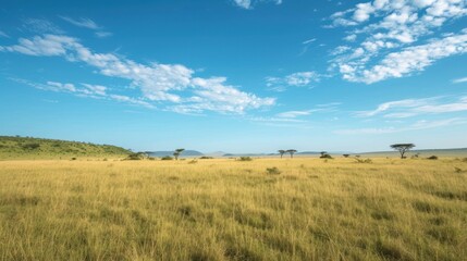 Obraz premium a grassy field with trees in the distance and a blue sky with some clouds in the background with a few wispy wispy clouds in the sky.