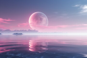 Alien planet landscape with pink moon reflecting in ocean. - obrazy, fototapety, plakaty
