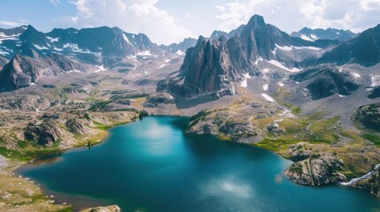  a blue lake surrounded by mountains under a blue sky with a few clouds in the middle of the picture and a few people standing on the other side of the lake.
