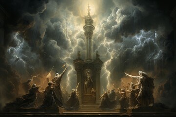 Obraz premium Ferocious thunderstorm giants, summoning lightning and thunder with their mighty presence - Generative AI