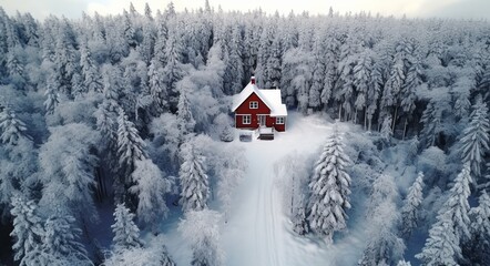 a red house sits in the middle of a forest