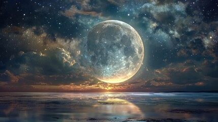  a full moon over a body of water with a sky full of clouds and stars in the sky with a reflection of the moon in the water and the water.