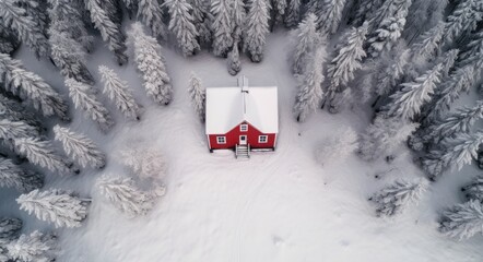 a red house is covered in snow in a wooded area