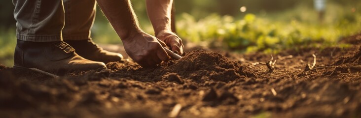 a hand digging into a ground is in focus at the edge of a clearing