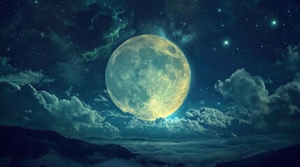  a full moon rising above the clouds in a night sky with stars and a full moon in the middle of the night sky with clouds and stars in the sky.
