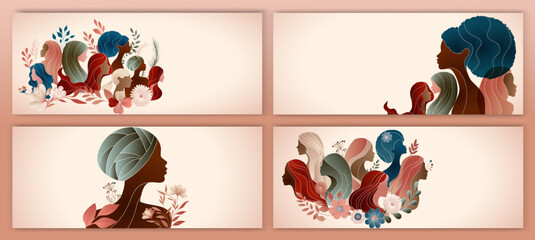 Group silhouette of multicultural women. International women's day. Diversity - inclusion - equality or empowerment. Anti racism or stop discrimination. Template - banner - poster - cover