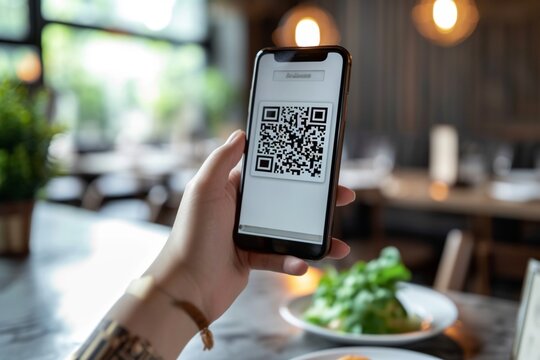 Customer using smartphone to scan QR code for order menu in cafe restaurant with digital delivery, Choose menu and order accumulate discount, E wallet technology to pay online, credit card or bank app