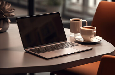 Fototapeta premium a laptop is set on a table next to coffee and other essential items